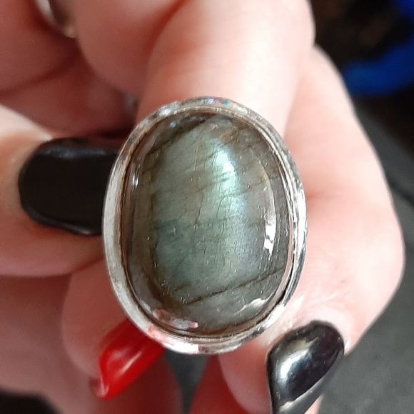 Sterling Silver handmade large genuine labradorite oval boho ring new sz 9 - Picture 2 of 4